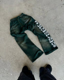 Hip-hop street lettering side design elastic waisted straight pants mens y2k dark green fashion skateboard rock baggy sweatpants