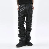 Mens Leather Pant Dark Punk Niche Design Bright Pleated Leather Pants Mens Hip-hop Loose Casual Pants for Men