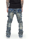 New Retro Cargo Jeans Men Stretchy Ripped Washed Y2k Pants Straight Leg Male's Patched Denim Trousers