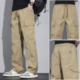 Spring Autumn Men's Clothing Solid Color Elastic High Waist Pockets Drawstring Casual Trousers Straight Cargo Cropped Pants