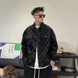 Male Jean Coats Outwear Black Wide Shoulders Men's Denim Jacket Plaid Overcoat Vintage Worn Casual Winter Outerwear High Quality