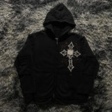 Gothic punk skull print design aesthetic oversized zipper hoodies for men y2k hip-hop high streetwear rock pop baggy sweatshirts