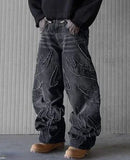 Y2k Hip Hop Baggy Jeans for Men Distressed Retro Black Pants Embroidery Harajuku Gothic Wide Leg Trousers Streetwear Pants