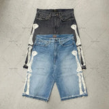 2024 European and American Summer Retro Skeleton Denim Shorts Sports Casual Shorts New Couple Wear Street Wear Five-Fifth Pants