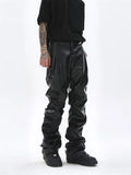 Mens Leather Pant Dark Punk Niche Design Bright Pleated Leather Pants Mens Hip-hop Loose Casual Pants for Men