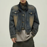 Short Japanese Distressed Denim Jacket Men Women Retro Fake Two-piece Double Necked Jackets High Street Wide Shoulder Jean Coats