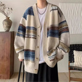 2024 Autumn Winter New Men Oversize Loose Knitted Jackets Male Contrast Color Striped Cardigan Mens V-neck Sweater Coats S538