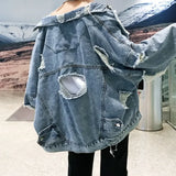 Fashion Blue Ripped Denim Jacket Y2K Distressed Streetwear Hip Hop Broken Hole Jeans Biker Jackets Men's Spring Jackets