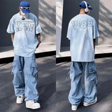 Y2K Cargo Pants for Men Hip Hop Harajuku Parachute Cargo Trousers Male Blue Japanese Loose Casual Streetwear Hip Hop