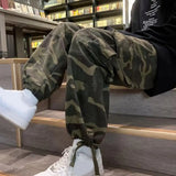 Men Baggy Pants Camouflage Multiple Pockets Elastic Waist Ankle Tied Streetwear Spring Autumn Hip Hop Loose Trouser for Sports