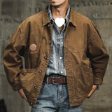 American Style Vintage Work Jacket For Men Casual Loose Fit Brown Denim Clothing Trendy Autumn Hunting Wear