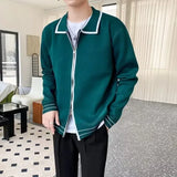 Green Knit Sweater Male Striped Zip-up Polo Cardigan Zipper Blue Men's Clothing Knitwears Jumpers Elegant Designer Luxury Fun A