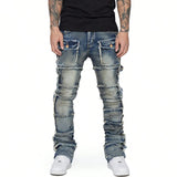 New Retro Cargo Jeans Men Stretchy Ripped Washed Y2k Pants Straight Leg Male's Patched Denim Trousers