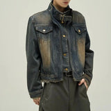 Short Japanese Distressed Denim Jacket Men Women Retro Fake Two-piece Double Necked Jackets High Street Wide Shoulder Jean Coats