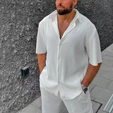 Mens Sets Casual Loose Beach Outfit Solid Color Striped Short Sleeved Mens Shirt Two-piece Set