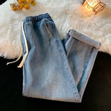 New Autumn Men Baggy Jeans Elastic Waist Korean Fashion Denim Wide Leg Pants Vintage Blue Trousers Streetwear  Male Brand