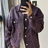 Men's Vintage Washed Purple Denim Jacket Streetwear Fashion Cargos Fake Pockets Button-down Shirt Coats Retro Popular M-3XL