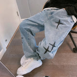 Prints Jeans Men New Streetwear Baggy Wide Leg Jeans Korean Fashion Drapes Straight Casual Loose Denim Cargo Pants