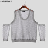 Men T Shirt Mesh Transparent Solid Color U-neck Collar Split Short Sleeve Men Clothing Streetwear 2024 Fashion Camisetas