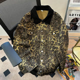 New American Retro Leopard Print Denim Jacket for Men and Women Fashion Street Loose Jacket Harajuku Style Simple Hip Hop Top