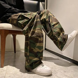 Straight Men Wide Leg Pants Camouflage Jogging Trousers Drawstring Elastic Waist Wide Male Casual Pants Vintage Cargo Pants