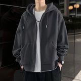 Male Clothes Black Solid Sweatshirt for Men Full Zip Up Hooded Hoodies Winter Offers High Quality Korean Style