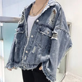 Fashion Blue Ripped Denim Jacket Y2K Distressed Streetwear Hip Hop Broken Hole Jeans Biker Jackets Men's Spring Jackets