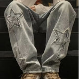 FOESCE Star Embroidery Straight Casual Men Jeans Neutral Wide Leg Loose Hip-hop Fashion Youth Streetwear Denim Trousers Y2K pants men