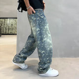 FOESCE Street Hip Hop Printed Jeans Mens Ins Korean Design Loose Straight Washed Fashion Casual Men's Pants Wide Leg Pants