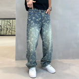 FOESCE Street Hip Hop Printed Jeans Mens Ins Korean Design Loose Straight Washed Fashion Casual Men's Pants Wide Leg Pants