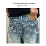 FOESCE Street Hip Hop Printed Jeans Mens Ins Korean Design Loose Straight Washed Fashion Casual Men's Pants Wide Leg Pants