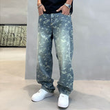 FOESCE Street Hip Hop Printed Jeans Mens Ins Korean Design Loose Straight Washed Fashion Casual Men's Pants Wide Leg Pants