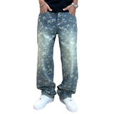 FOESCE Street Hip Hop Printed Jeans Mens Ins Korean Design Loose Straight Washed Fashion Casual Men's Pants Wide Leg Pants