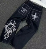 Streetwear Skull Pocket Embroidered Jeans Y2K Hip Hop Retro Baggy Jeans Black Pants Mens Punk Rock Low Rise Wide Leg Trousers