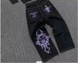 Streetwear Skull Pocket Embroidered Jeans Y2K Hip Hop Retro Baggy Jeans Black Pants Mens Punk Rock Low Rise Wide Leg Trousers