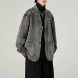 FOESCE Suit Jacket Mens Japanese Fashion Trend Retro Washed Denim Jacket Autumn New Casual Niche Distressed Suit Collar Jacket Top