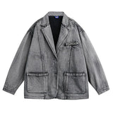 FOESCE Suit Jacket Mens Japanese Fashion Trend Retro Washed Denim Jacket Autumn New Casual Niche Distressed Suit Collar Jacket Top