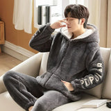 FOESCE Thickened Pajamas Young Coral Sleepwear Students Zipper Suit Loungewear 2024 New Velvet Loose Men Winter Homewear Autumn