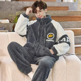 FOESCE Thickened Pajamas Young Coral Sleepwear Students Zipper Suit Loungewear 2024 New Velvet Loose Men Winter Homewear Autumn