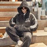 FOESCE Thickened Pajamas Young Coral Sleepwear Students Zipper Suit Loungewear 2024 New Velvet Loose Men Winter Homewear Autumn