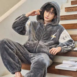 FOESCE Thickened Pajamas Young Coral Sleepwear Students Zipper Suit Loungewear 2024 New Velvet Loose Men Winter Homewear Autumn