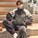 FOESCE Thickened Pajamas Young Coral Sleepwear Students Zipper Suit Loungewear 2024 New Velvet Loose Men Winter Homewear Autumn