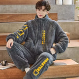 FOESCE Thickened Pajamas Young Coral Sleepwear Students Zipper Suit Loungewear 2024 New Velvet Loose Men Winter Homewear Autumn