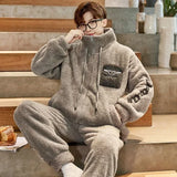 FOESCE Thickened Pajamas Young Coral Sleepwear Students Zipper Suit Loungewear 2024 New Velvet Loose Men Winter Homewear Autumn