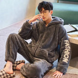 FOESCE Thickened Pajamas Young Coral Sleepwear Students Zipper Suit Loungewear 2024 New Velvet Loose Men Winter Homewear Autumn