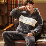 FOESCE Thickened Pajamas Young Coral Sleepwear Students Zipper Suit Loungewear 2024 New Velvet Loose Men Winter Homewear Autumn