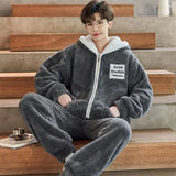 FOESCE Thickened Pajamas Young Coral Sleepwear Students Zipper Suit Loungewear 2024 New Velvet Loose Men Winter Homewear Autumn