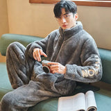 FOESCE Thickened Pajamas Young Coral Sleepwear Students Zipper Suit Loungewear 2024 New Velvet Loose Men Winter Homewear Autumn