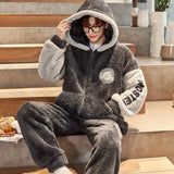 FOESCE Thickened Pajamas Young Coral Sleepwear Students Zipper Suit Loungewear 2024 New Velvet Loose Men Winter Homewear Autumn