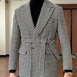 Thousand Bird Grid Stylish Suit Blazer Hombre DoubleBreasted Mid Length Retro Men Coat Belt Suit Blazer Chaqueta Invierno Hombre